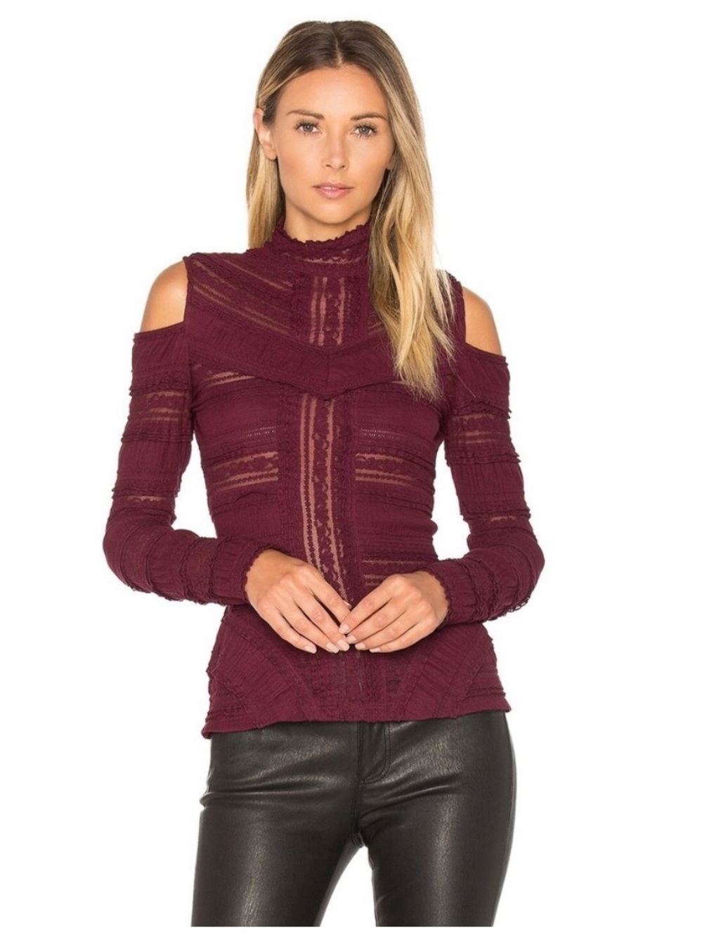 cinq a sept Off-the-Shoulder Lace Panel longsleeve in Burgundy